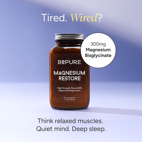 A clean, minimalist 1:1 ad creative highlighting Magnesium Bisglycinate with a relatable pain point and benefit-driven solution copy.